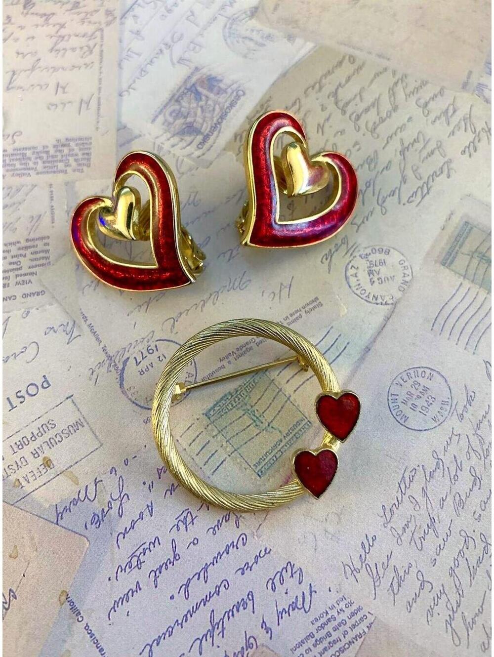 Vintage Red Enamel Heart Circle Brooch & Clip On Earring Matching Set
